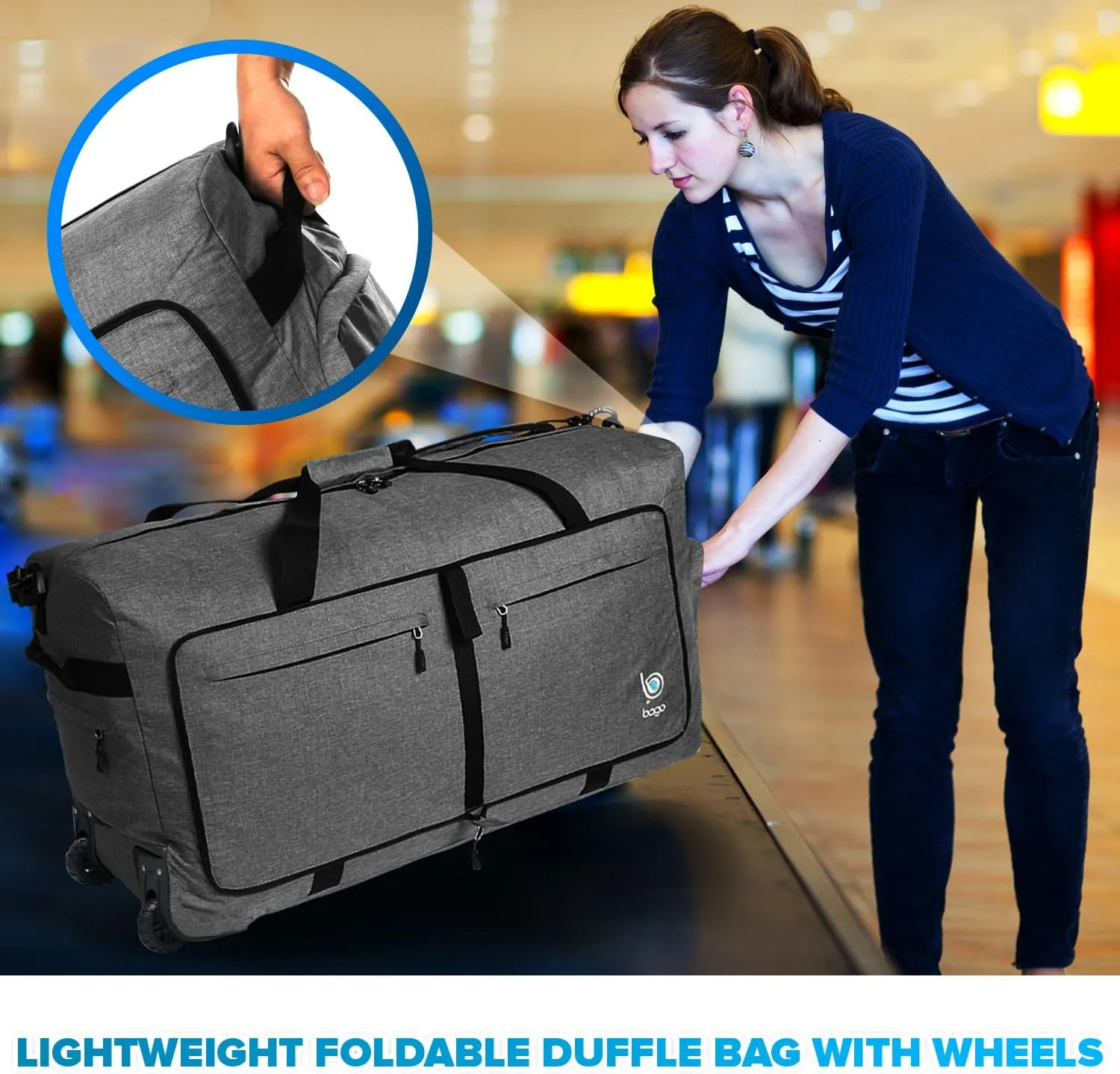 Bago Rolling Duffle Bag with Wheels - 27" 80L Foldable Weekender Bag, Waterproof Travel Duffel Bag, Heavy Duty lightWeight Duffle Bag for Traveling, Rolling Duffel Bag with Wheels (SnowBlack2023)