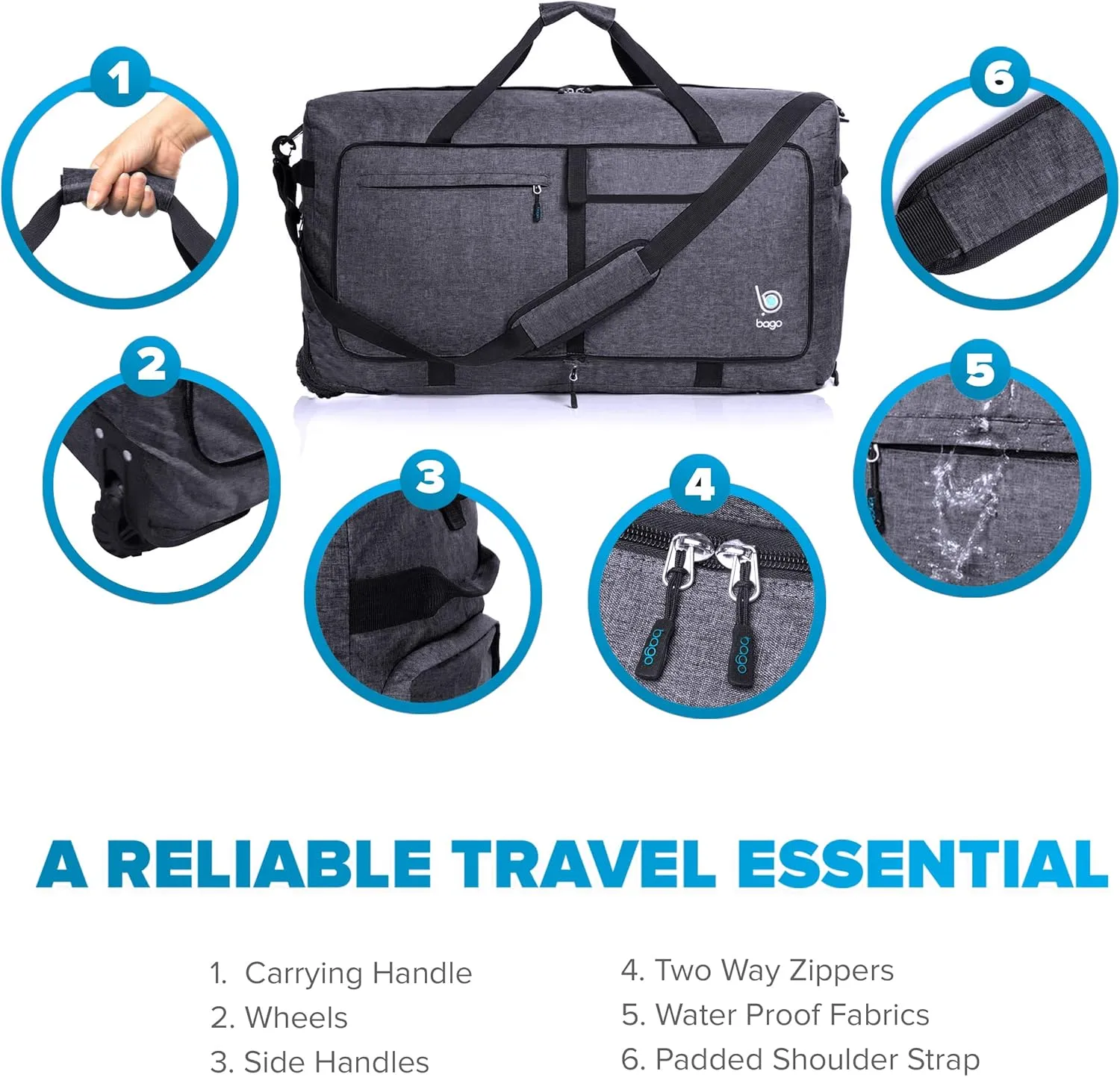 Bago Rolling Duffle Bag with Wheels - 27" 80L Foldable Weekender Bag, Waterproof Travel Duffel Bag, Heavy Duty lightWeight Duffle Bag for Traveling, Rolling Duffel Bag with Wheels (SnowBlack2023)