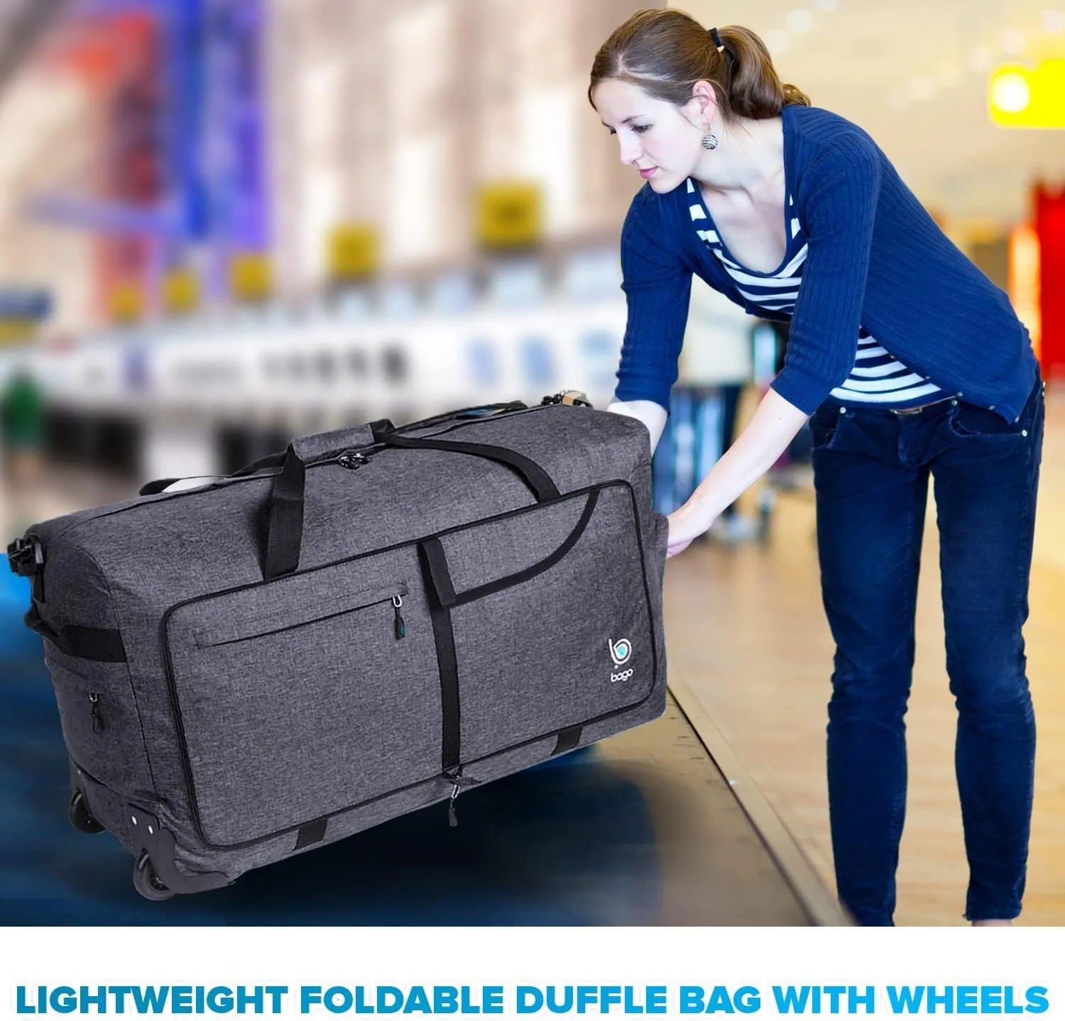 Bago Rolling Duffle Bag with Wheels - 31" 120L Foldable Weekender Bag, Waterproof Travel Duffel Bag, Heavy Duty lightWeight Duffle Bag for Traveling, Rolling Duffel Bag with Wheels (SnowBlack0023)