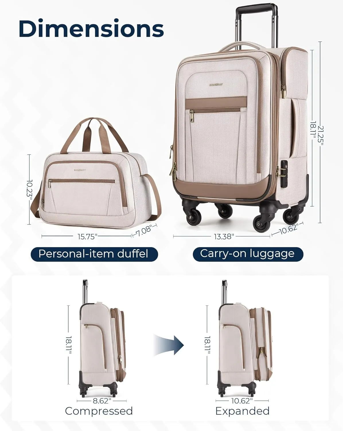BAGSMART Carry-On Luggage Airline Approved, 20 inch Expandable Suitcase with Duffel bag, Softside Lightweight Suitcases with Spinner Wheels, Durable Travel Luggage, Carry-On light tan