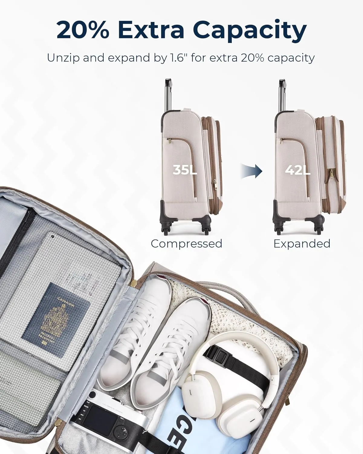 BAGSMART Carry-On Luggage Airline Approved, 20 inch Expandable Suitcase with Duffel bag, Softside Lightweight Suitcases with Spinner Wheels, Durable Travel Luggage, Carry-On light tan