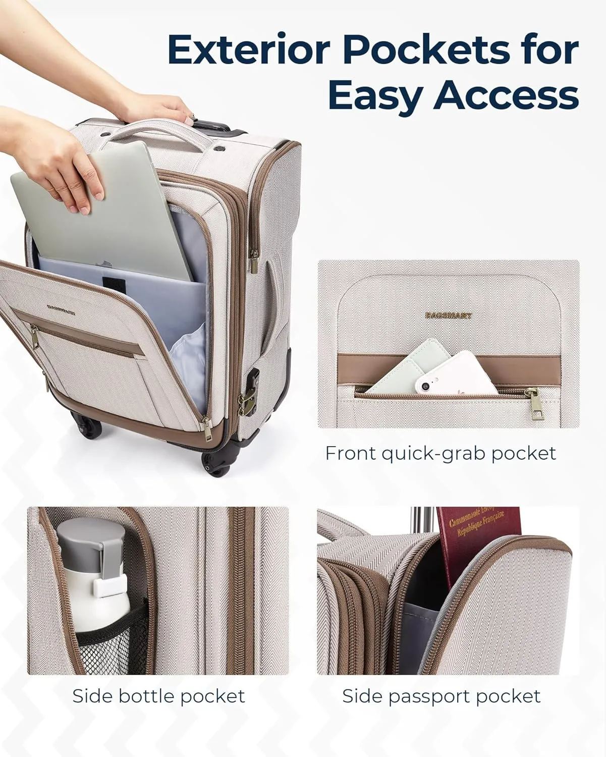 BAGSMART Carry-On Luggage Airline Approved, 20 inch Expandable Suitcase with Duffel bag, Softside Lightweight Suitcases with Spinner Wheels, Durable Travel Luggage, Carry-On light tan
