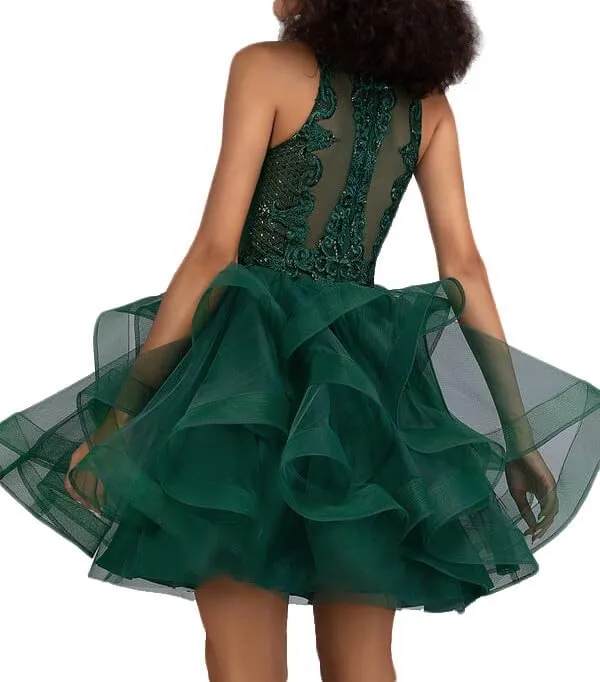 Ball-Gown/Princess Scoop Short Tulle Lace Prom Dresses with Sequins Party Dress Halter-Neck Fashion Mini Dress 2025