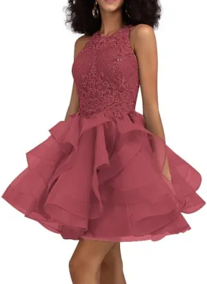 Ball-Gown/Princess Scoop Short Tulle Lace Prom Dresses with Sequins Party Dress Halter-Neck Fashion Mini Dress 2025