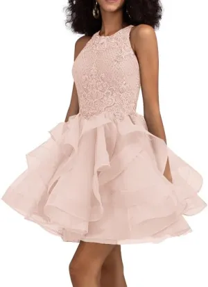 Ball-Gown/Princess Scoop Short Tulle Lace Prom Dresses with Sequins Party Dress Halter-Neck Fashion Mini Dress 2025