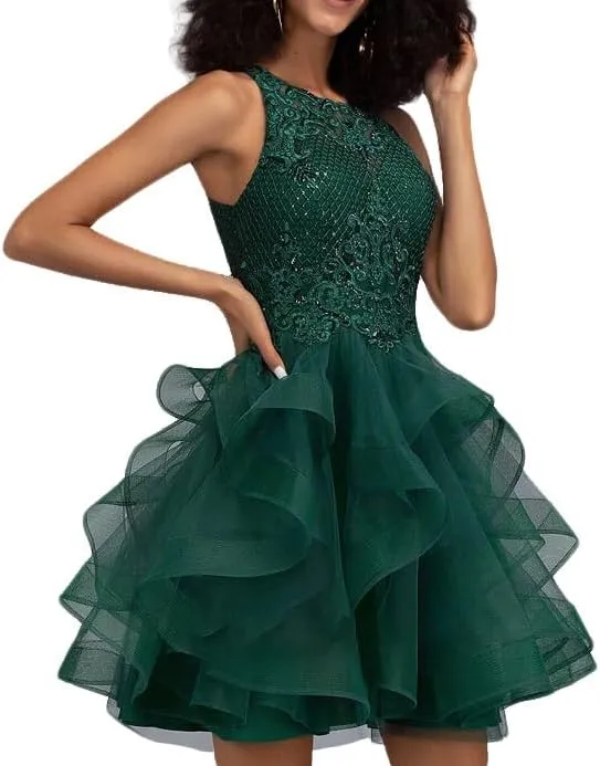 Ball-Gown/Princess Scoop Short Tulle Lace Prom Dresses with Sequins Party Dress Halter-Neck Fashion Mini Dress 2025