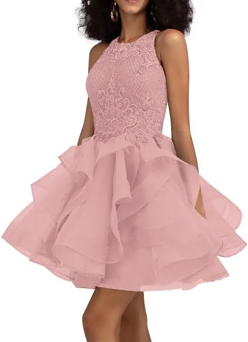Ball-Gown/Princess Scoop Short Tulle Lace Prom Dresses with Sequins Party Dress Halter-Neck Fashion Mini Dress 2025