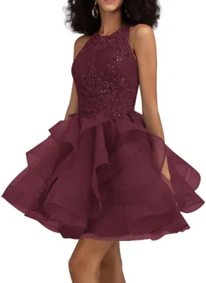 Ball-Gown/Princess Scoop Short Tulle Lace Prom Dresses with Sequins Party Dress Halter-Neck Fashion Mini Dress 2025