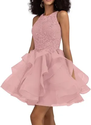 Ball-Gown/Princess Scoop Short Tulle Lace Prom Dresses with Sequins Party Dress Halter-Neck Fashion Mini Dress 2025