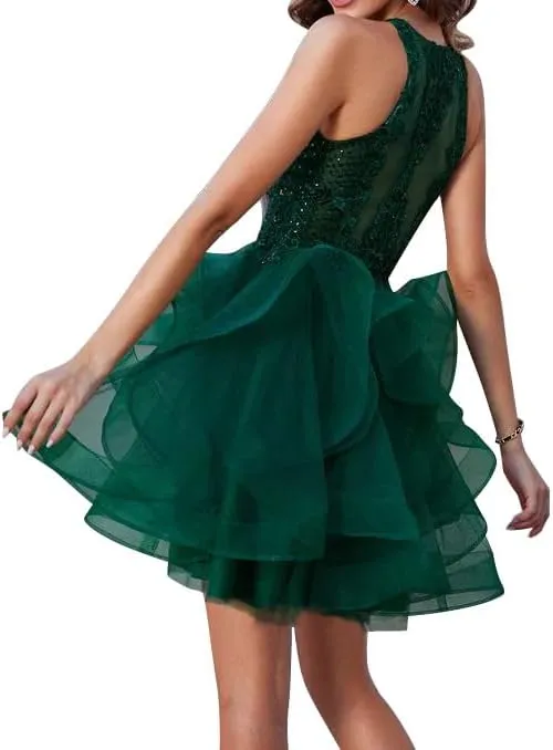 Ball-Gown/Princess Scoop Short Tulle Lace Prom Dresses with Sequins Party Dress Halter-Neck Fashion Mini Dress 2025