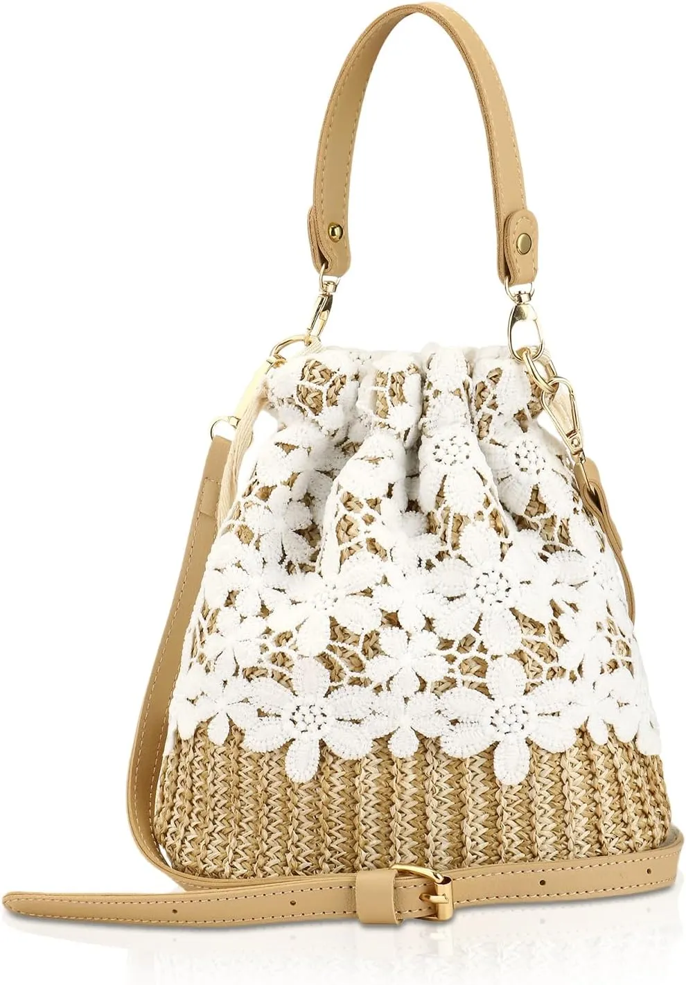 Bamboo Handbag, Beach Purse Bag Half Moon Bag, Straw Lace Woven Travel Sling Bag Shoulder Crossbody Bag for Women