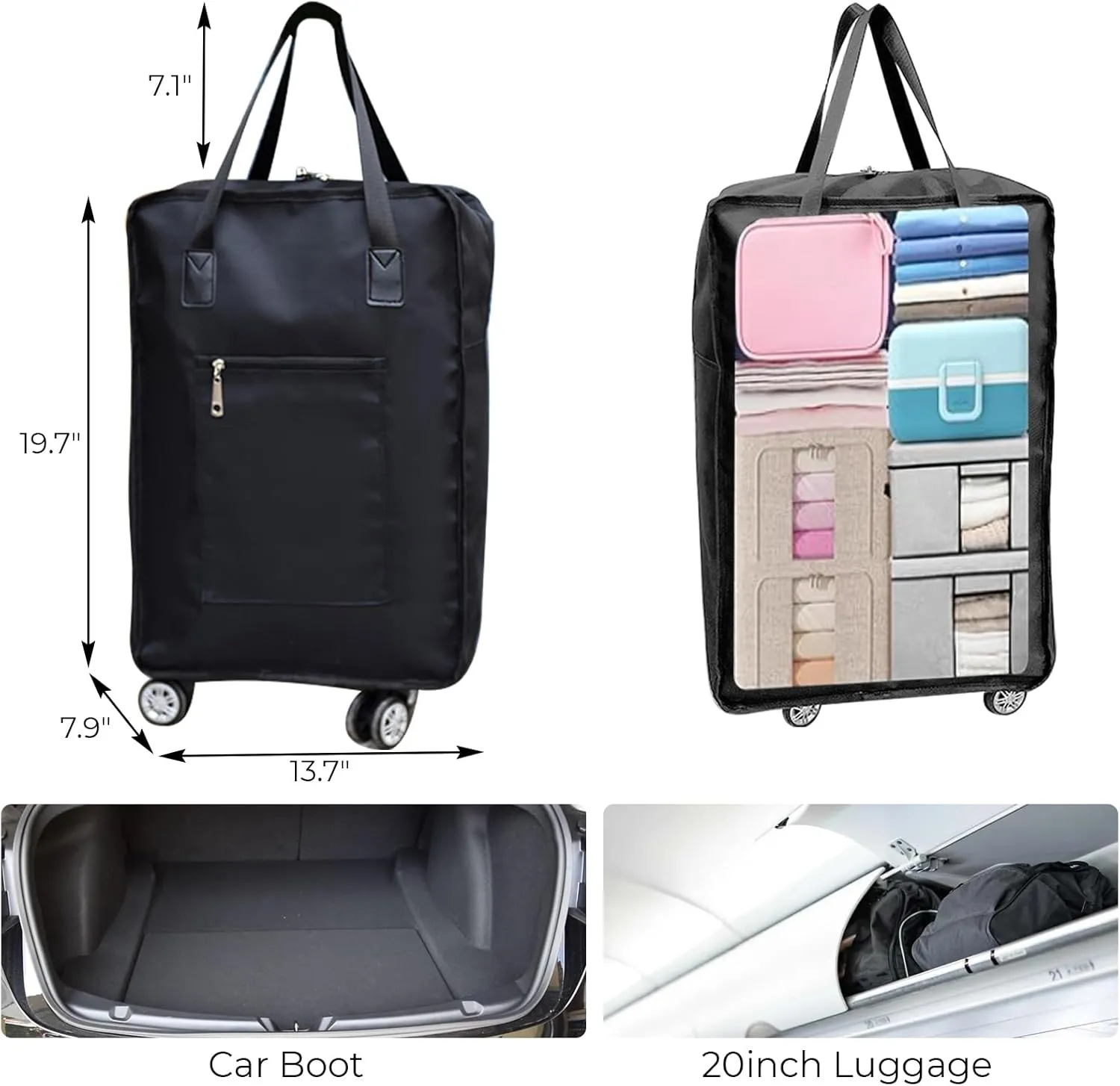 Barsine Expandable Foldable Duffel Bag with Wheels Rolling Duffle Bag Luggage Bag Carry on Bag Lightweight Suitcases,Black