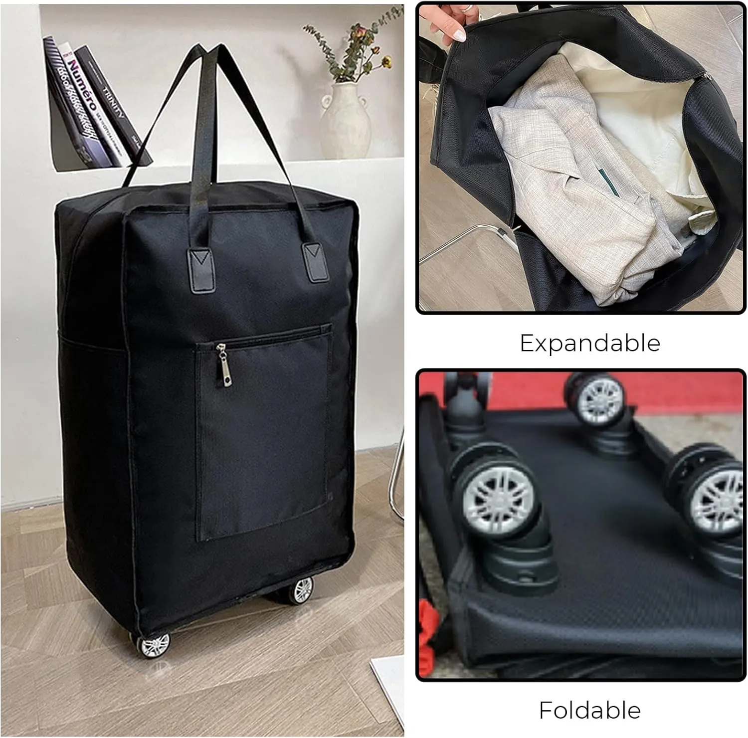 Barsine Expandable Foldable Duffel Bag with Wheels Rolling Duffle Bag Luggage Bag Carry on Bag Lightweight Suitcases,Black