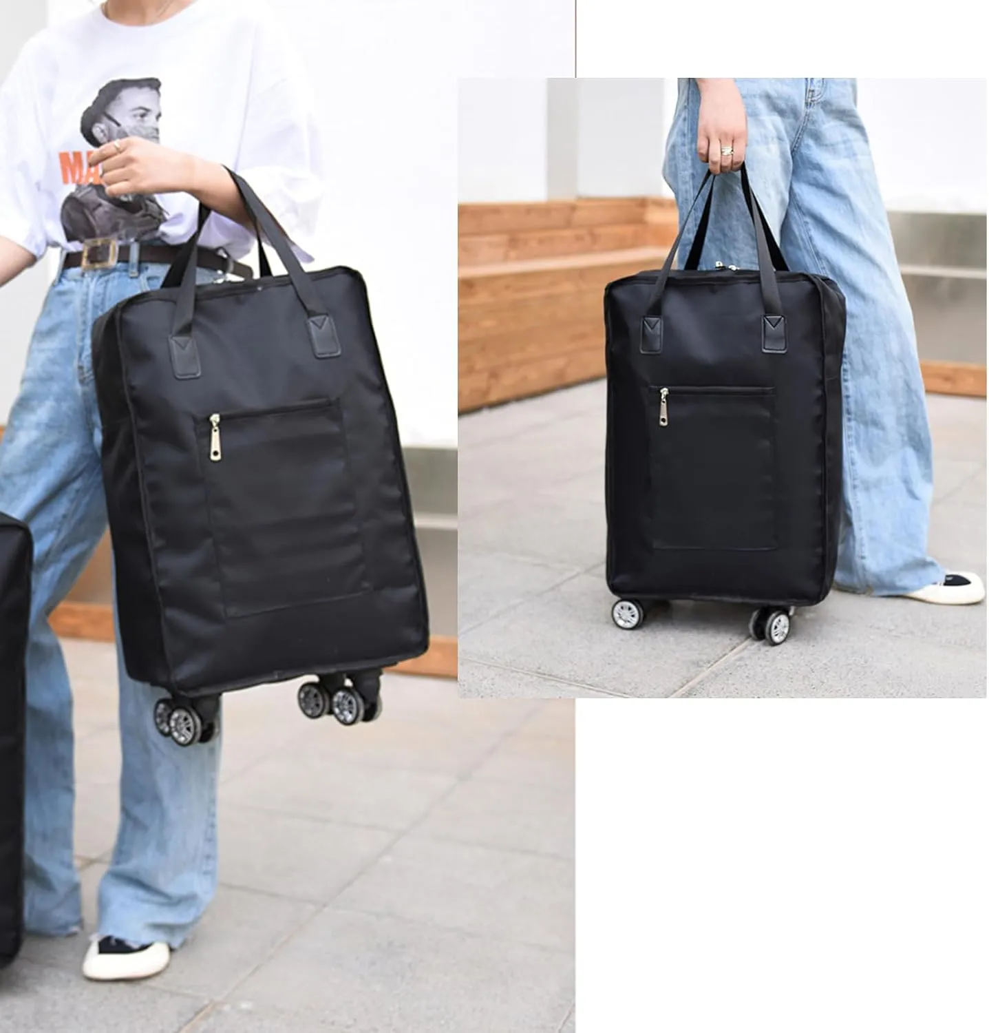 Barsine Expandable Foldable Duffel Bag with Wheels Rolling Duffle Bag Luggage Bag Carry on Bag Lightweight Suitcases,Black