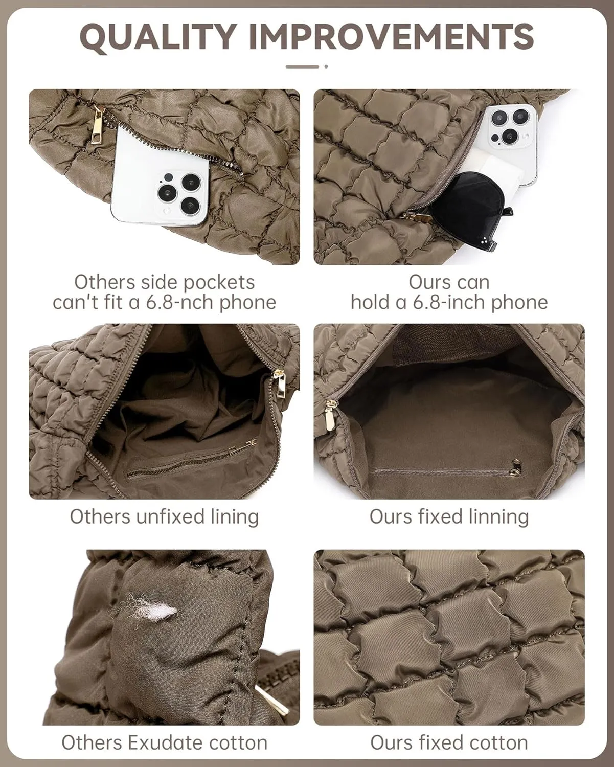 BAVERGE Puffer Tote Bag for Women 3PCS, Quilted Puffy Large Crossbody Shoulder Hobo Bag with Lightweight Handbag Purse Set