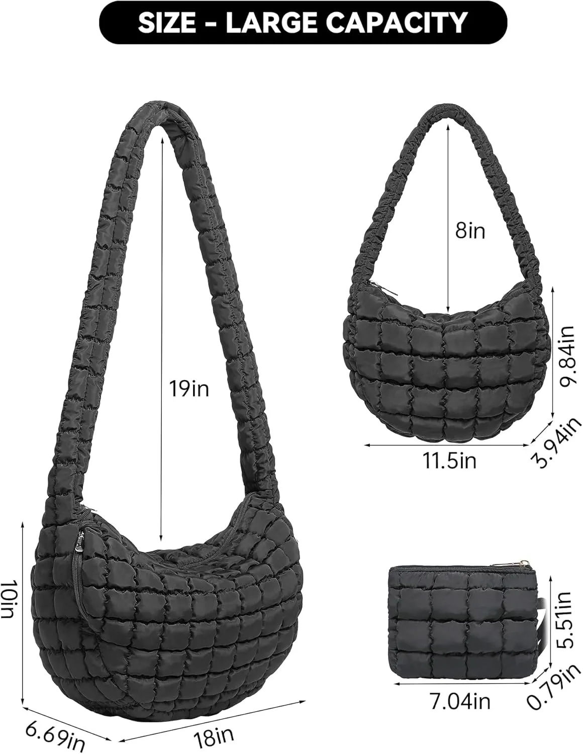 BAVERGE Puffer Tote Bag for Women 3PCS, Quilted Puffy Large Crossbody Shoulder Hobo Bag with Lightweight Handbag Purse Set