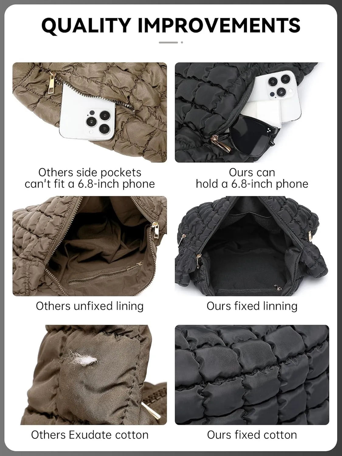 BAVERGE Puffer Tote Bag for Women 3PCS, Quilted Puffy Large Crossbody Shoulder Hobo Bag with Lightweight Handbag Purse Set