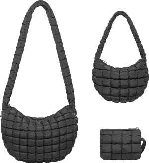 BAVERGE Puffer Tote Bag for Women 3PCS, Quilted Puffy Large Crossbody Shoulder Hobo Bag with Lightweight Handbag Purse Set