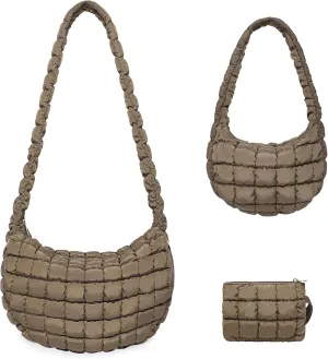 BAVERGE Puffer Tote Bag for Women 3PCS, Quilted Puffy Large Crossbody Shoulder Hobo Bag with Lightweight Handbag Purse Set
