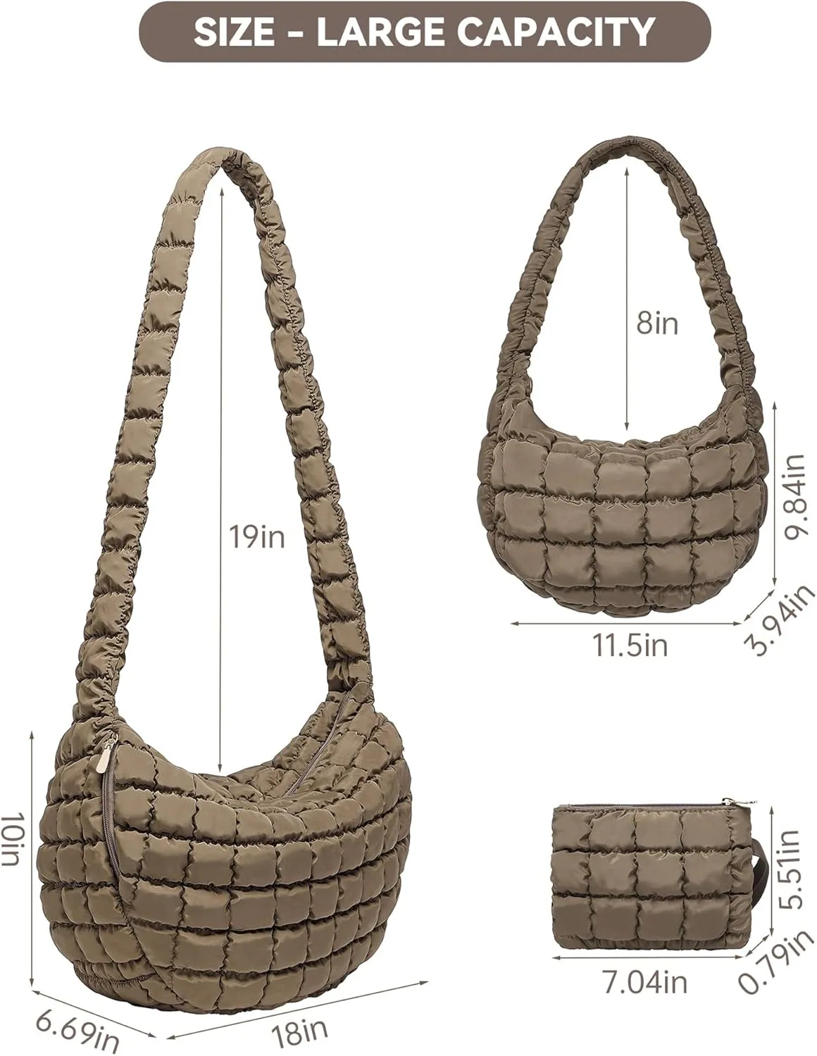 BAVERGE Puffer Tote Bag for Women 3PCS, Quilted Puffy Large Crossbody Shoulder Hobo Bag with Lightweight Handbag Purse Set