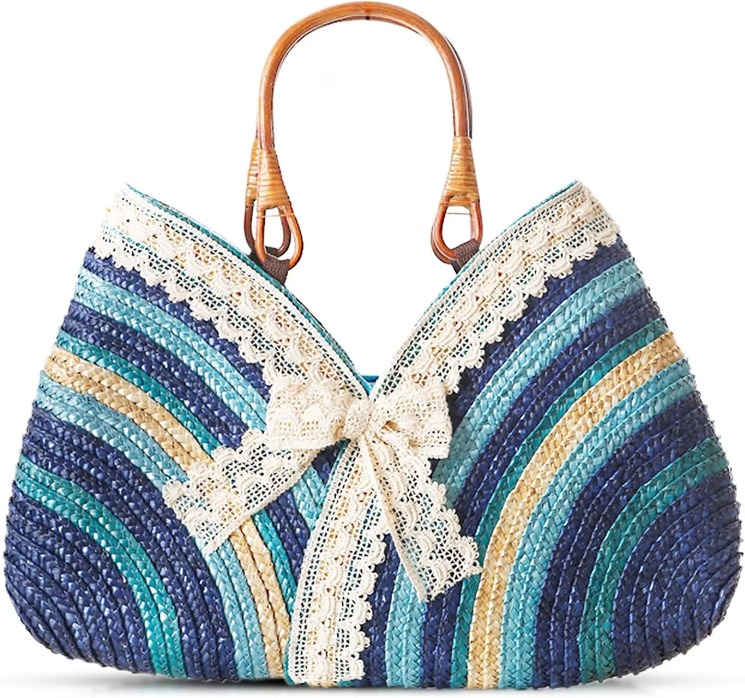 Beach Bag, Tote Bag for Women, Lace Bow Handmade Straw Bag, Bamboo Carrying Handle, Handbag Suitable for Vacation Travel Daily Matching(Blue)