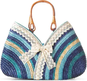 Beach Bag, Tote Bag for Women, Lace Bow Handmade Straw Bag, Bamboo Carrying Handle, Handbag Suitable for Vacation Travel Daily Matching(Blue)