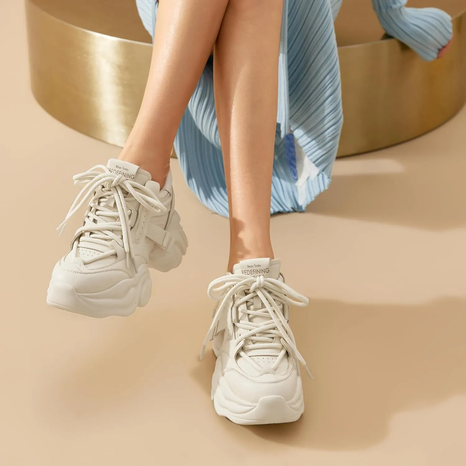 BEAU TODAY Chunky Sneakers for Women, Womens Fashion Sneakers, Leather Sneakers Women Comfortable Casual Lace-Up Chunky Platform Dad Shoes