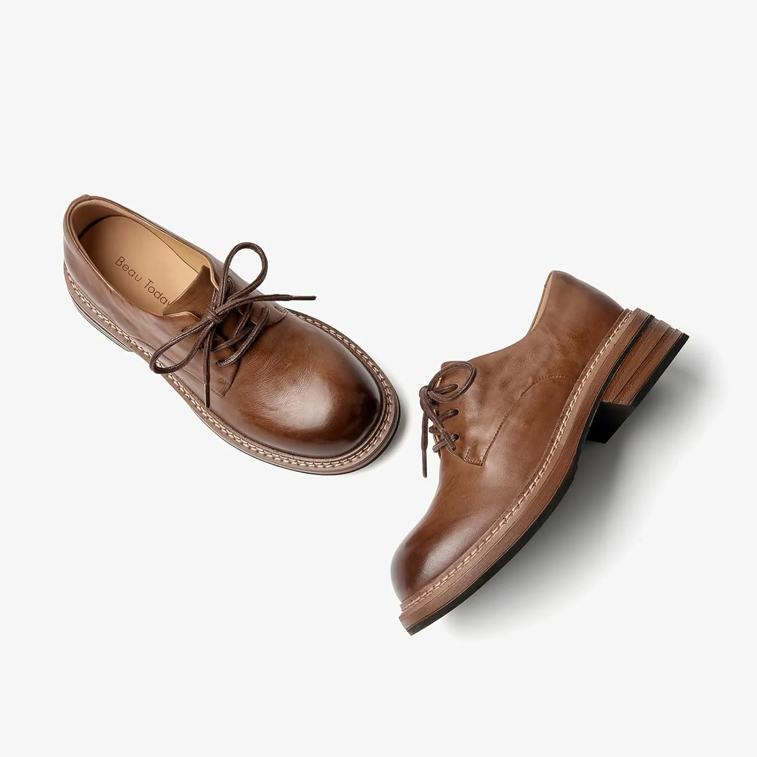 BEAU TODAY Women's Oxfords, Chunky Platform Oxfords for Women, Leather Lace-up Dress Work Shoes, Comfortable Non-Slip Office Casual Round Toe Oxfords Shoes for Women