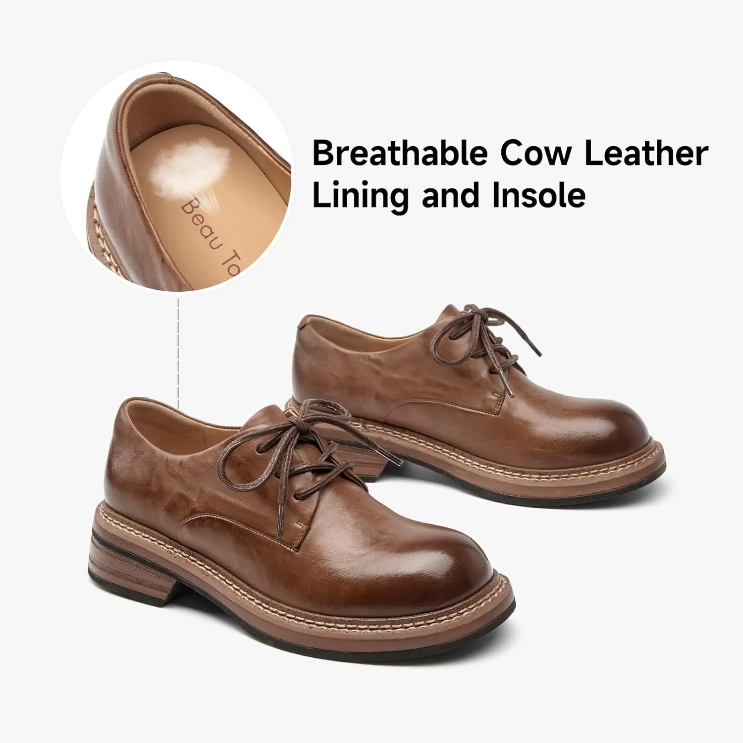 BEAU TODAY Women's Oxfords, Chunky Platform Oxfords for Women, Leather Lace-up Dress Work Shoes, Comfortable Non-Slip Office Casual Round Toe Oxfords Shoes for Women