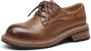 BEAU TODAY Women's Oxfords, Chunky Platform Oxfords for Women, Leather Lace-up Dress Work Shoes, Comfortable Non-Slip Office Casual Round Toe Oxfords Shoes for Women