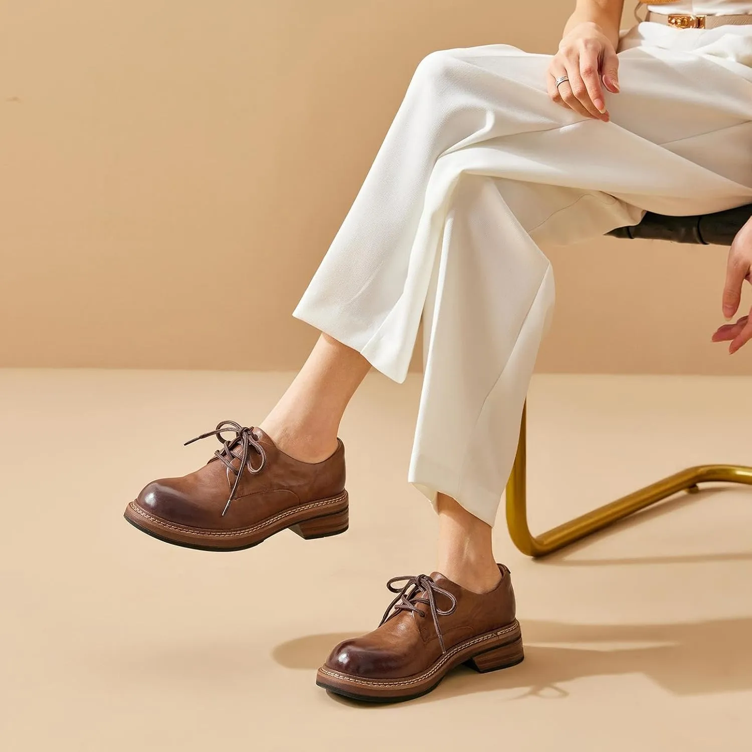 BEAU TODAY Women's Oxfords, Chunky Platform Oxfords for Women, Leather Lace-up Dress Work Shoes, Comfortable Non-Slip Office Casual Round Toe Oxfords Shoes for Women