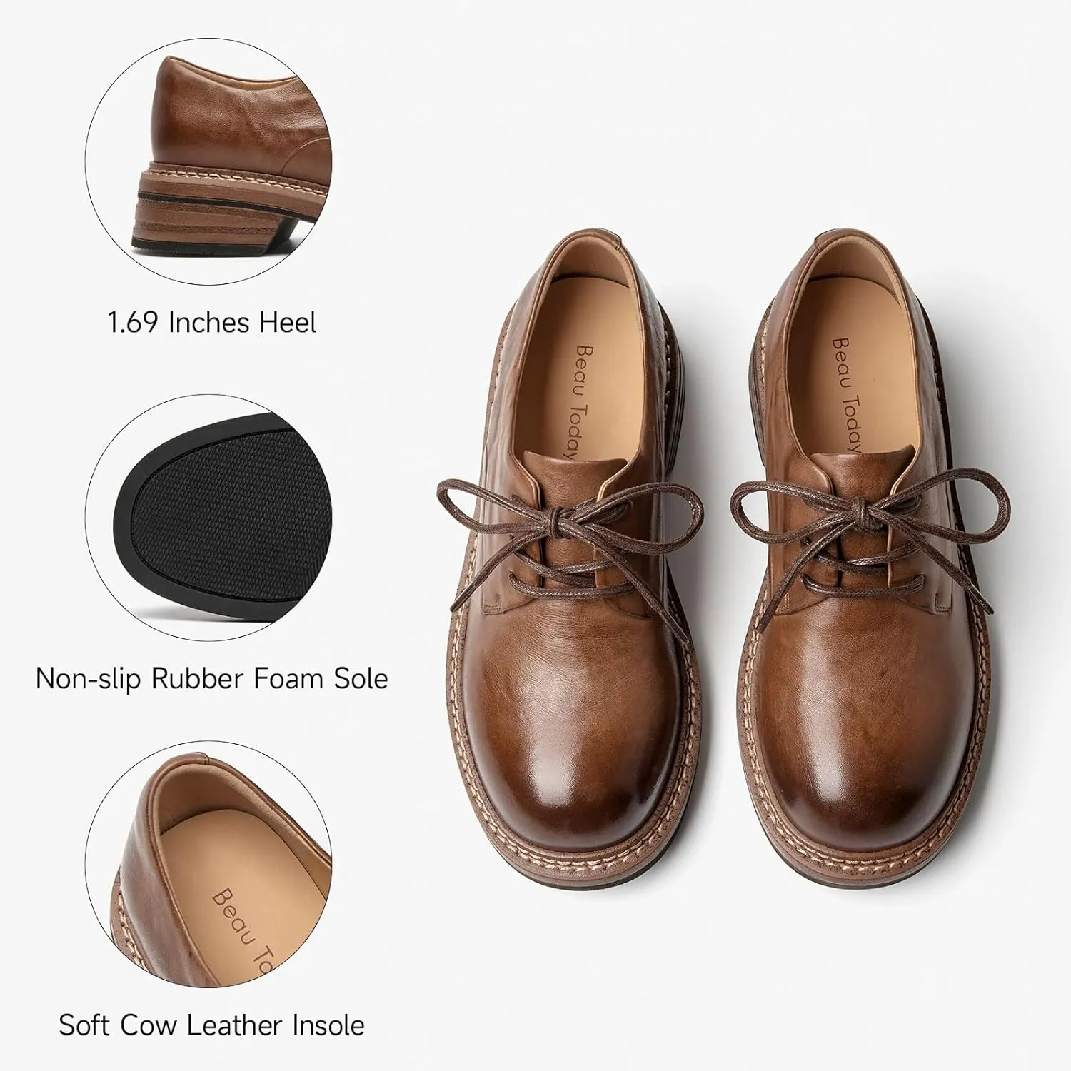 BEAU TODAY Women's Oxfords, Chunky Platform Oxfords for Women, Leather Lace-up Dress Work Shoes, Comfortable Non-Slip Office Casual Round Toe Oxfords Shoes for Women