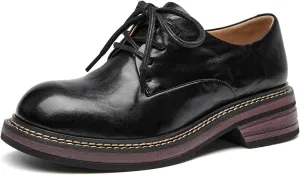BEAU TODAY Women's Oxfords, Chunky Platform Oxfords for Women, Leather Lace-up Dress Work Shoes, Comfortable Non-Slip Office Casual Round Toe Oxfords Shoes for Women