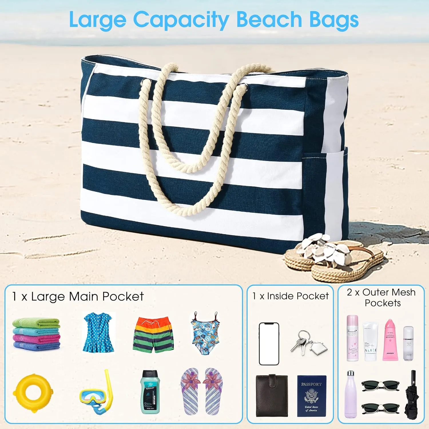 Becokan Beach Bags for Women Large Waterproof Beach Tote Bag Zipper Beach Bags Waterproof Sandproof Swim Pool Bag Large Tote
