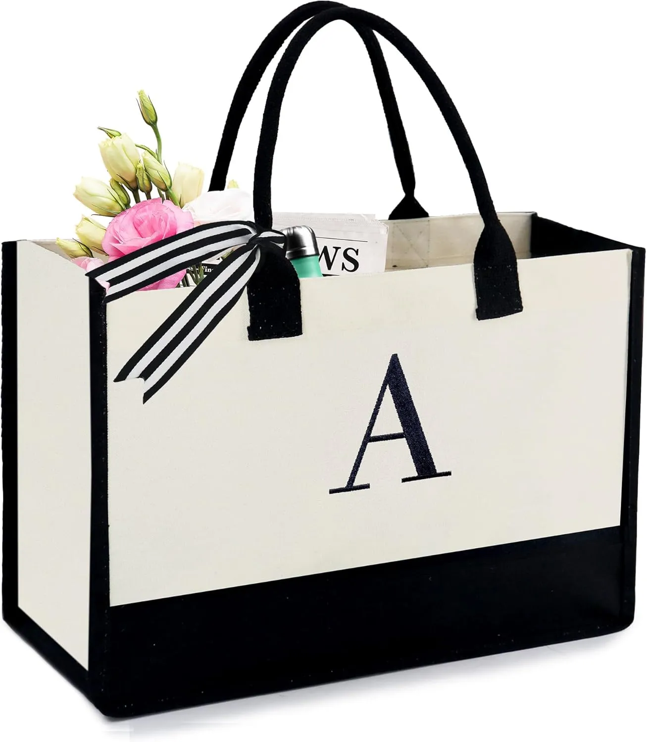 BeeGreen Birthday Gifts For Women 13oz Canvas Tote Bag with Pocket Initial Gifts For Sister Mom Friends Teacher