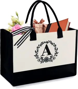 BeeGreen Gift Basket Monogram Initial Canvas Tote Bag with Pocket Embroidery Personalized Tote for Mom Teacher Friend