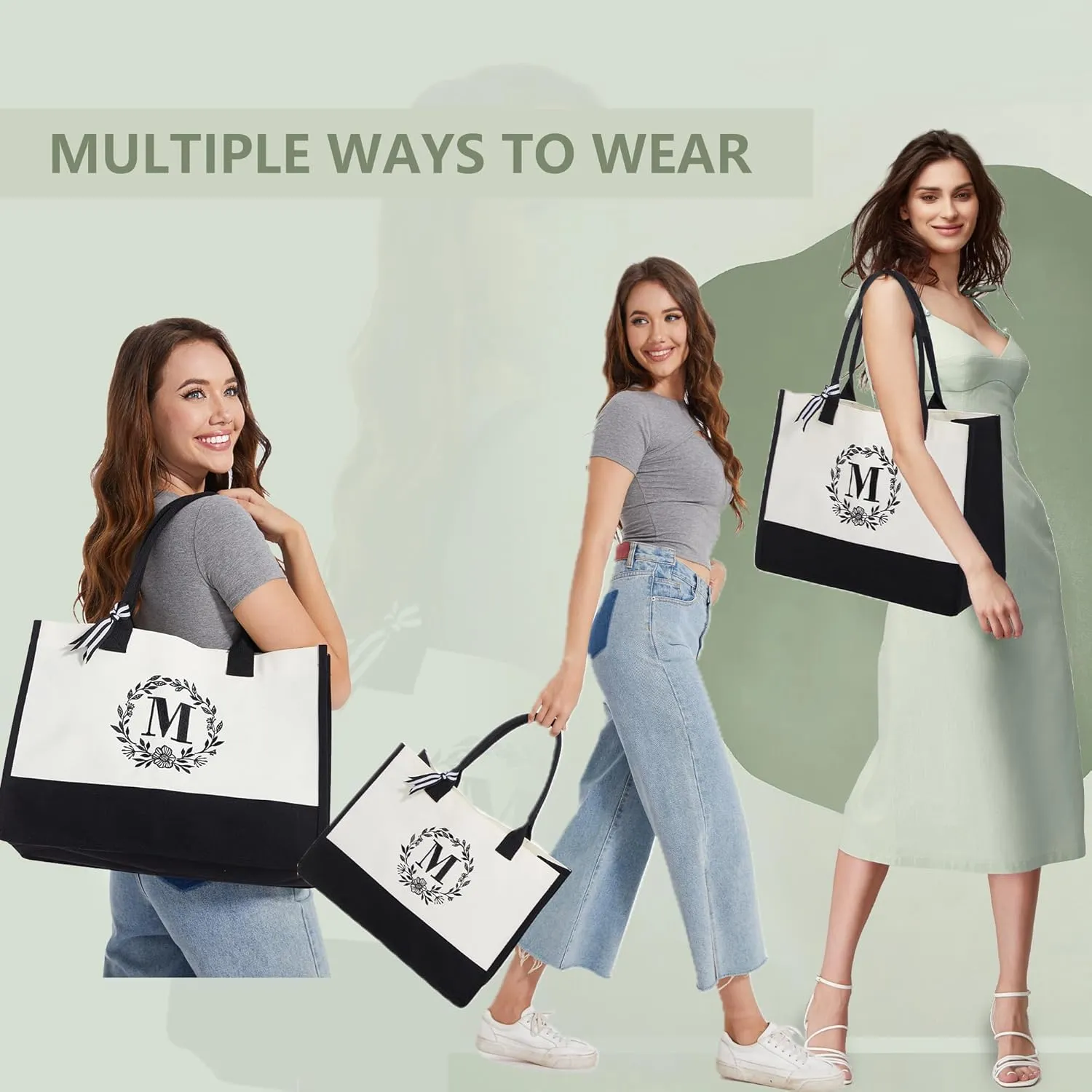 BeeGreen Gift Basket Monogram Initial Canvas Tote Bag with Pocket Embroidery Personalized Tote for Mom Teacher Friend