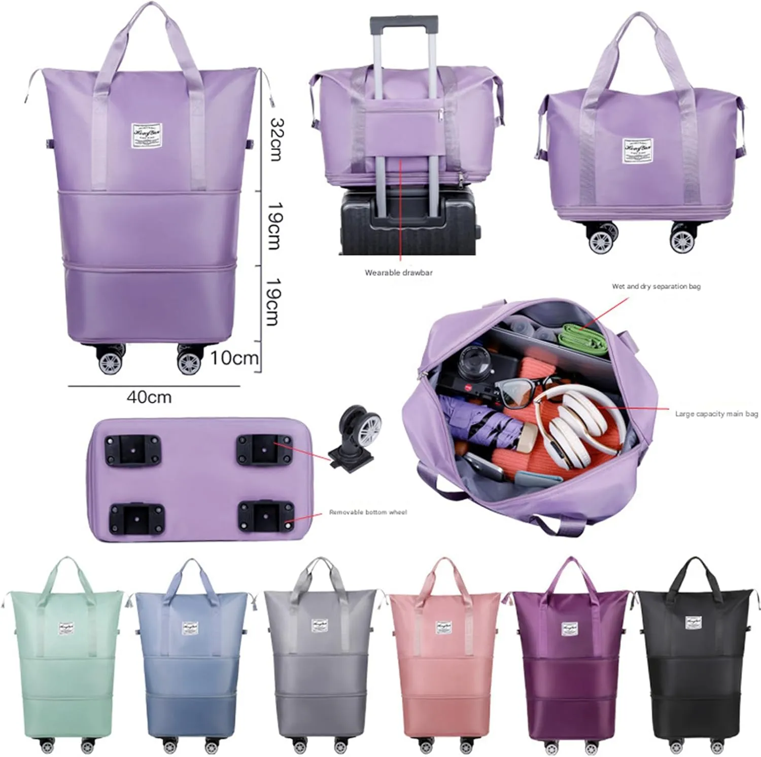 Beente Travel Bag with Wheels, 2025 New Large Capacity Travel Bag - Universal Wheel Removable (Gray)