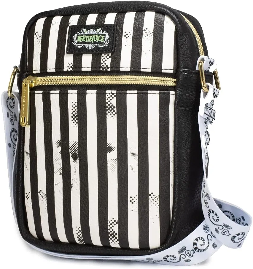 Beetlejuice Bag Wallet, Crossbody,Beetlejuice Stripes, Chibi, Vegan Leather