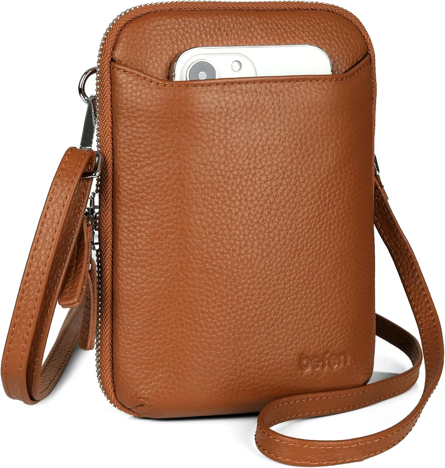 befen Genuine Leather Crossbody Cell Phone Purse for Women, Small Zip Around RFID Blocking Crossbody Wallet Bags