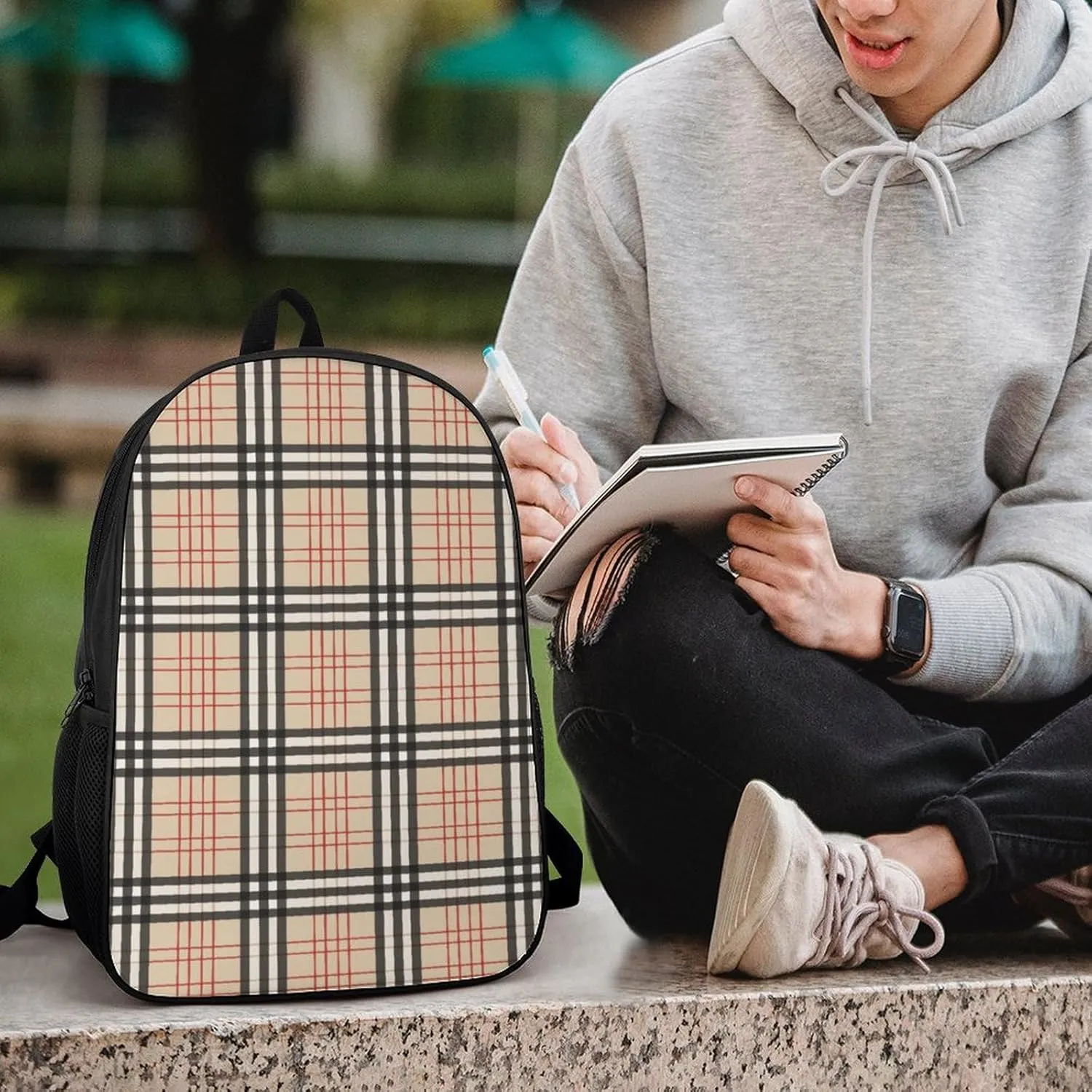 Beige Plaid Tartan Checkered Backpack Lightweight Waterproof Backpacks Laptop Backpack for Unisex Casual Travel Daypacks Large Capacity