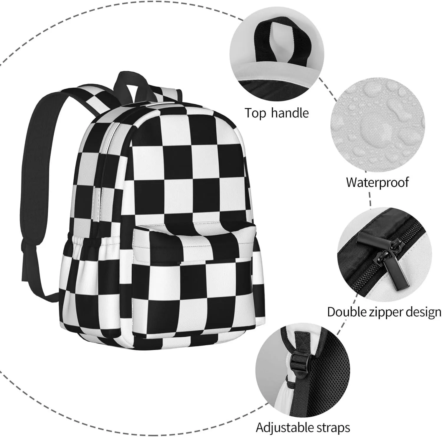 Black And White Checkered Laptop Backpack For Men Women, Lightweight Racing Daypack Bookbag For Daily Commutes Business Travel Hiking