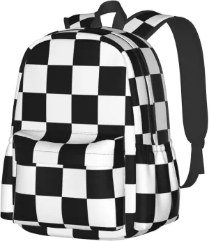 Black And White Checkered Laptop Backpack For Men Women, Lightweight Racing Daypack Bookbag For Daily Commutes Business Travel Hiking