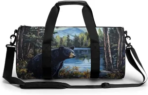 Black Bear in The Lake Unisex Gym Bag Travel Duffel Bags Overnight Sport Tote with Compartment for Weekender Vacation
