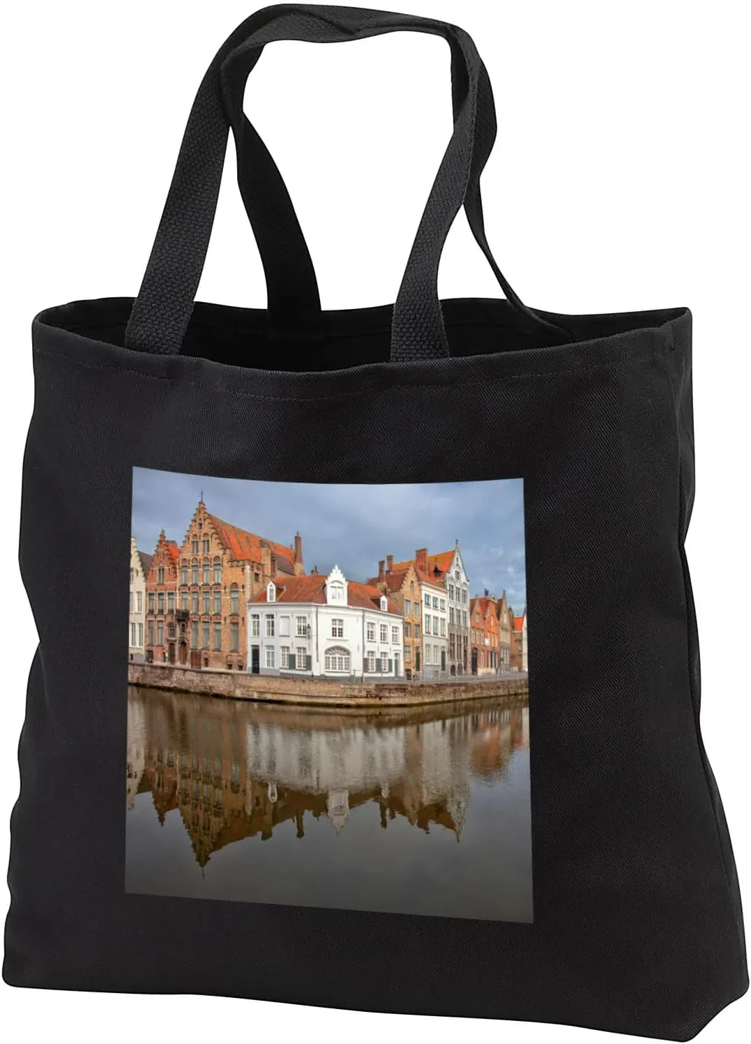 Black Tote Bag 14w x 14h x 3d - Belgium, Brugge, Canal and Reflection Cities