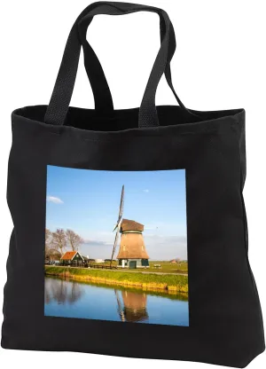 Black Tote Bag 14w x 14h x 3d - Netherlands, Lisse, Windmill on a Canal Windmills