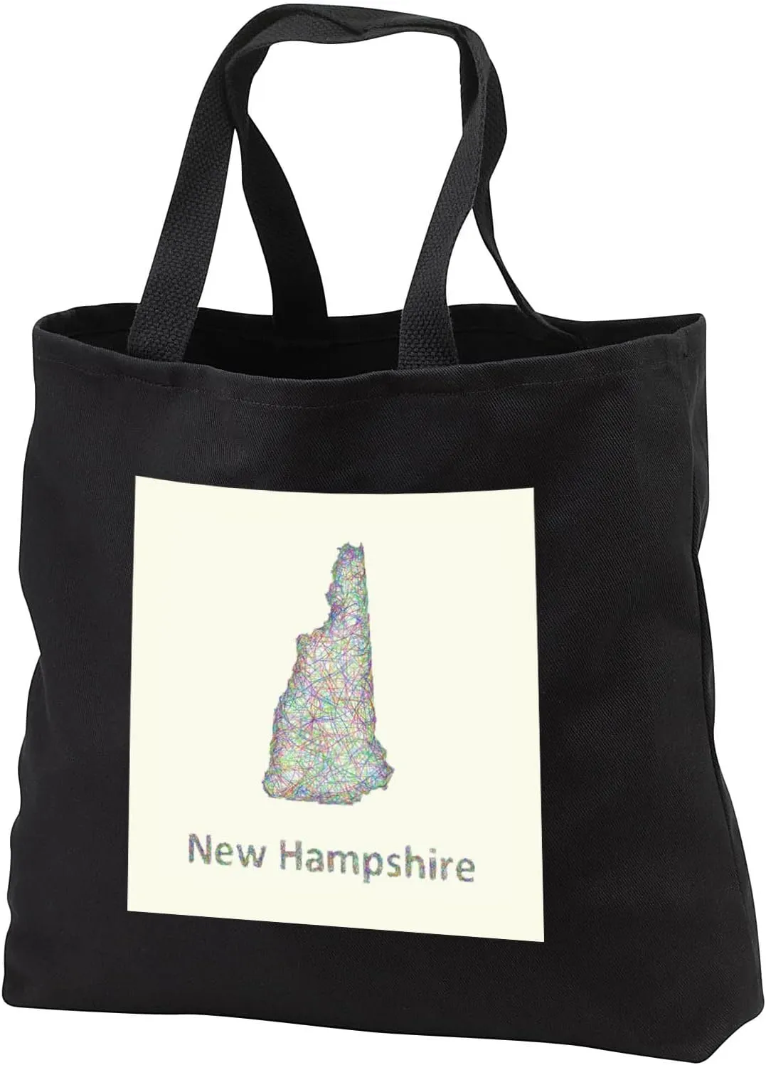 Black Tote Bag 14w x 14h x 3d - New Hampshire State Map - colorful line art graphic design Zydd - Map Designs