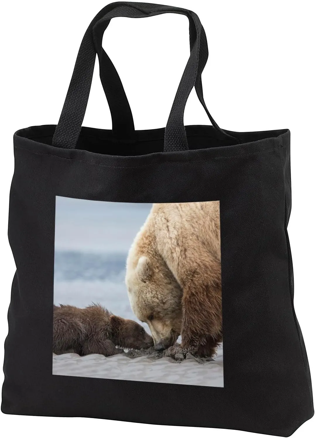 Black Tote Bag JUMBO 20w x 15h x 5d - Grizzly bear cub begs for a clam from its mom. Lake Clark NP, Alaska. Baby animals