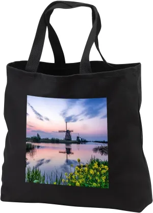 Black Tote Bag JUMBO 20w x 15h x 5d - Netherlands, Kinderdijk, Windmills at Sunrise along the canals. Windmills