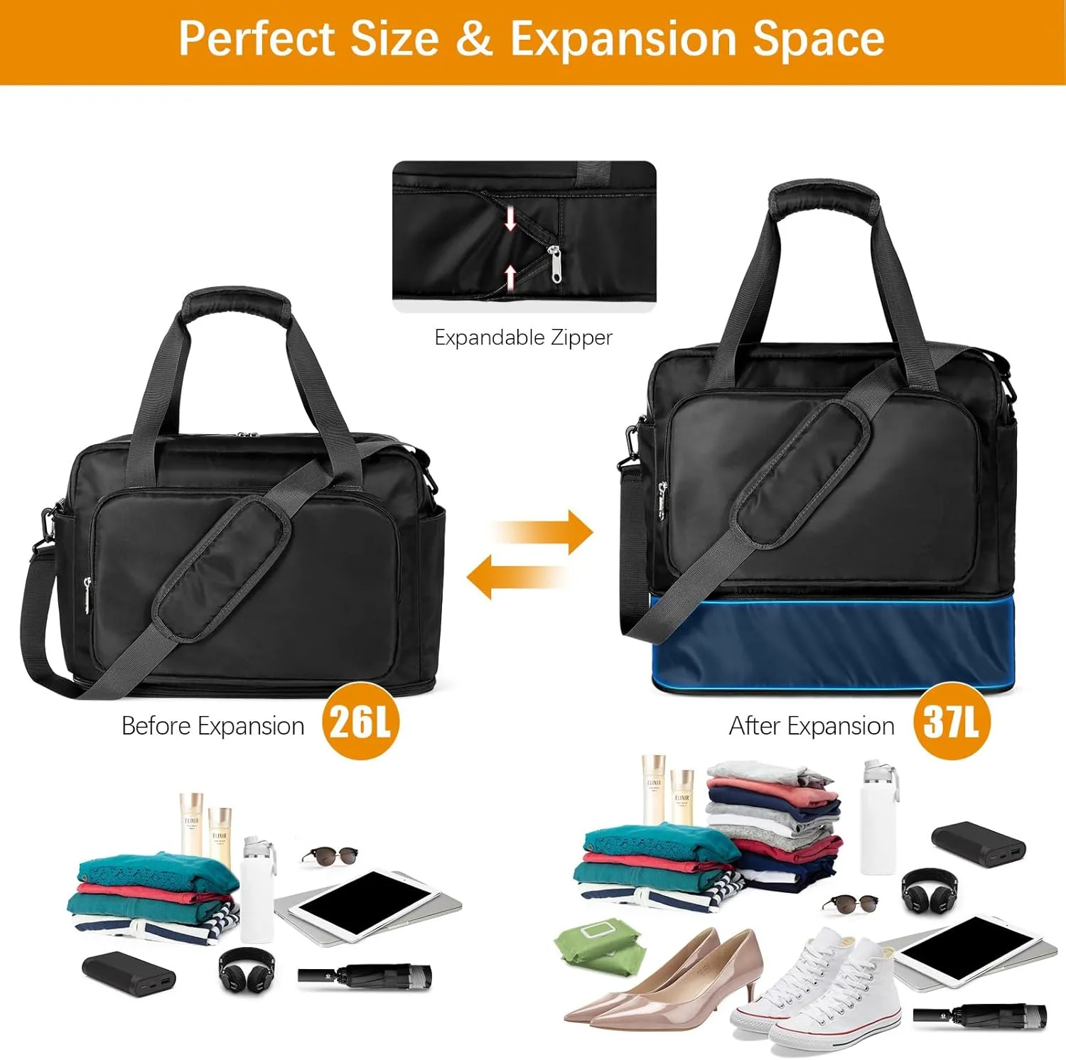 Black Travel Duffel, Expandable Weekender & Carry On Overnight Bag for Men Women - Waterproof Gym Bag with Trolley Sleeve & Laptop Compartment for Personal Items